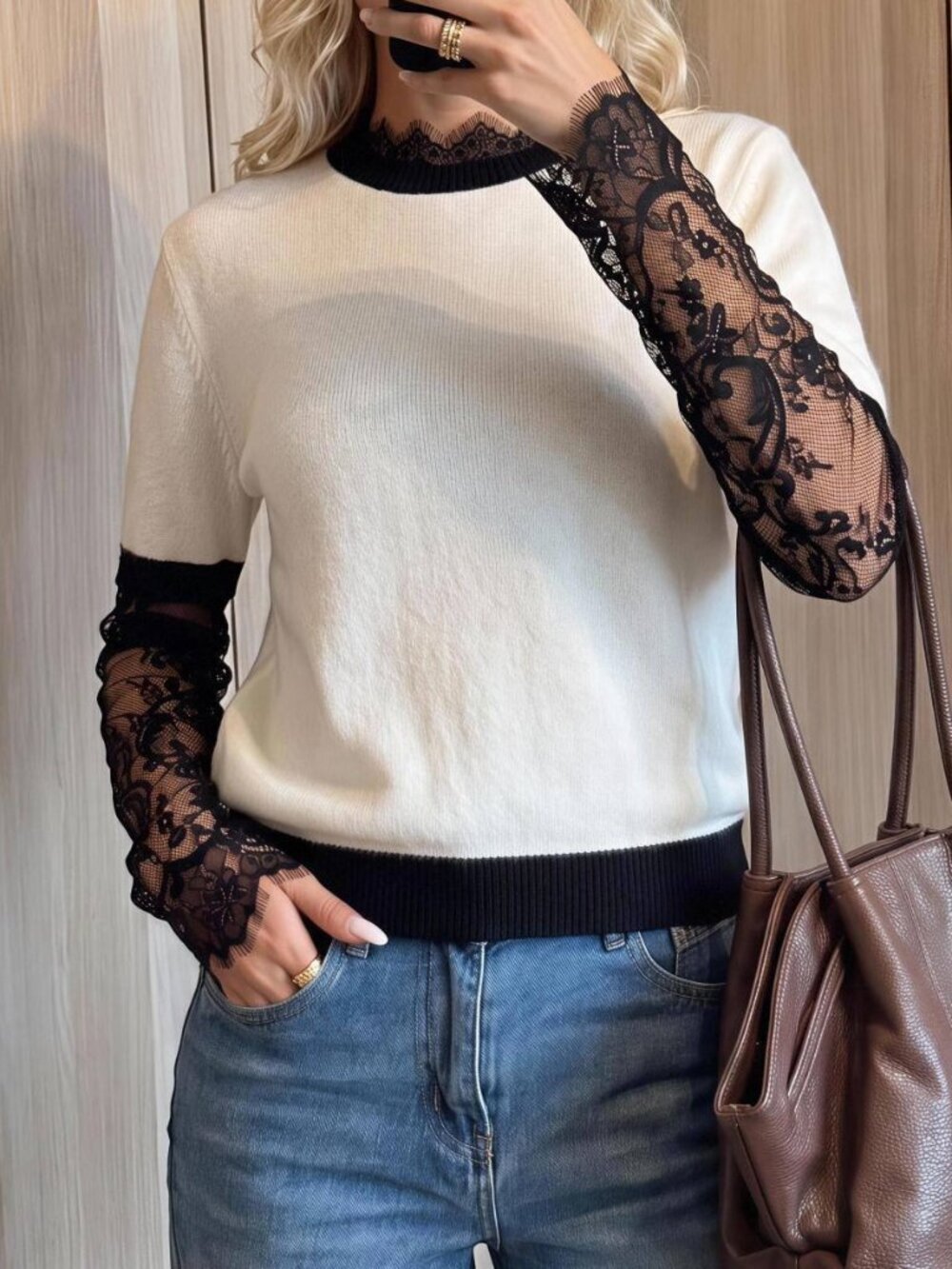 Apricot Casual Women's Contrast Lace Ruffle Drop Sleeve Round Neck Sweater